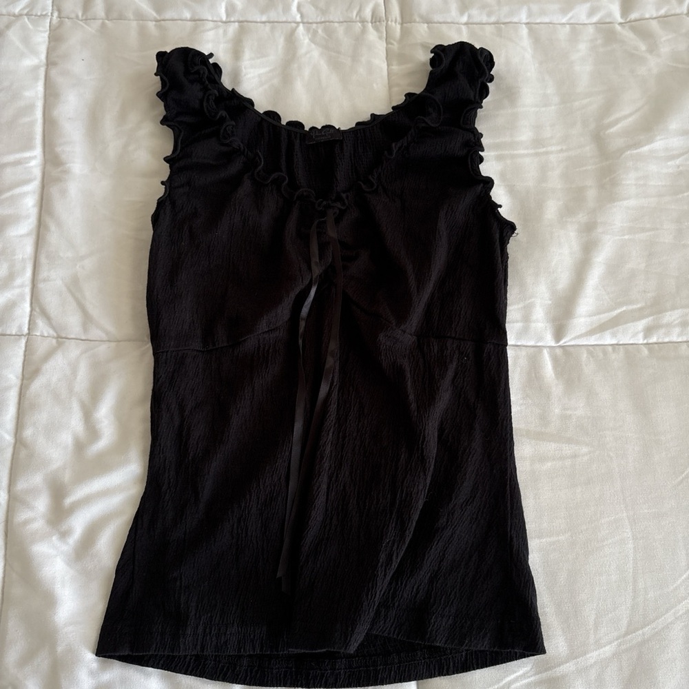 Brandy Melville Black Ruffle-Trim Tank with Front Tie